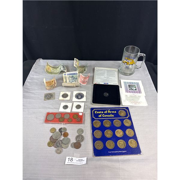 Collectible Coin Lot with Old Paper Money and Tokens Plus a Vintage BC Hydro Mug from 1983