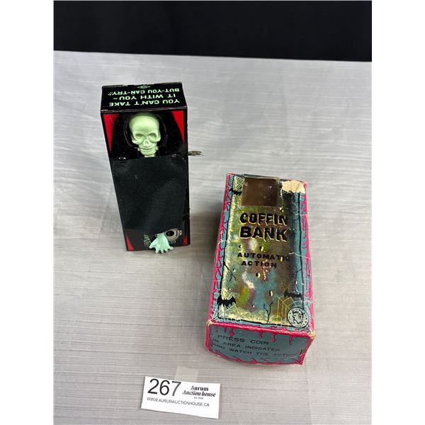 Vintage Coffin Bank Mechanical Windup In Working Order with Original Box