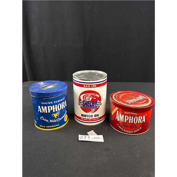 2 Vintage Amphora Tobacoo Tins whith a Shelby Oil Can with T_Shirt inside Sealed L
