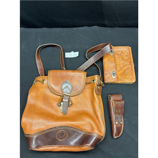 Vintage Leather Lot with Bag Tooled Pouch and Knife Sheath