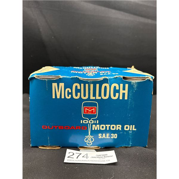 6 Unopened McCulloch Outboard Motor Oil Tins In Original Cardboard Box