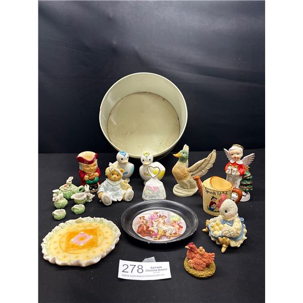 Large Lot of Vintage Porcelain Figurines Art Glass in a Old Tin