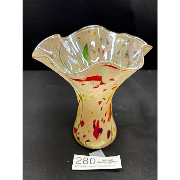 A VIBRANT Vintage Hand Blown Art Glass "Confetti" Vase Handkerchief-Style Ruffled Rim