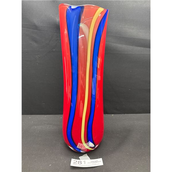 A Signed Hand Blown Art Glass Vase with Vibrant Red,Yellow and Blue