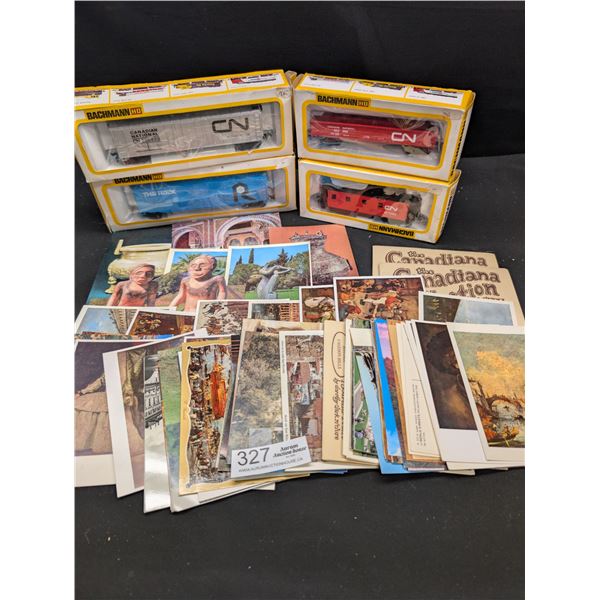 Lot of 4 HO Scale Train Cars and Postcards From Around the World