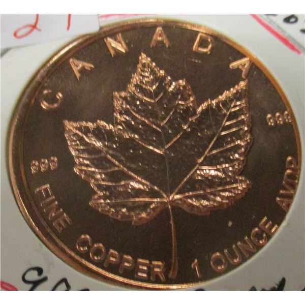 ONE OUNCE MAPLE LEAF 999 FINE COPPER COIN