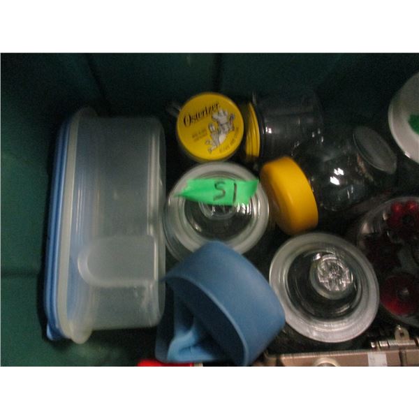 TOTE & LID C/W STORAGE JARS, ETC