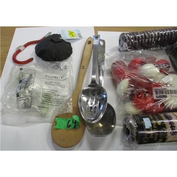 ESTATE:  TOTE & LID C/W CANDLES, KITCHEN UTENSILS, ETC