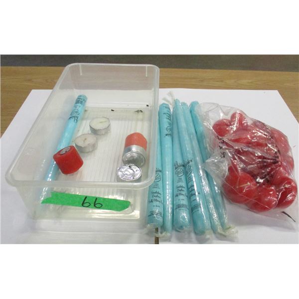 ESTATE:  TOTE & LID C/W ASSORTED CANDLES