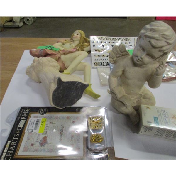 ESTATE:  BOX C/W ASSORTED ANGEL FIGURINES, CRAFT KITS, STICKERS, ETC