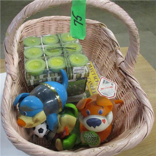 ESTATE:  BASKET C/W CANDLES, TOYS, ETC