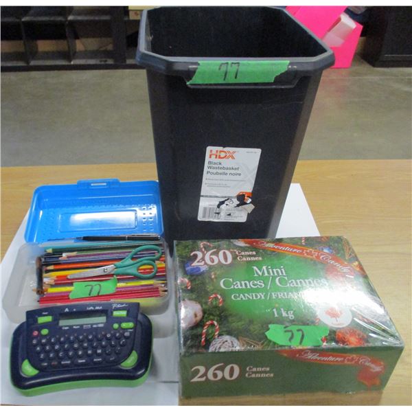 ESTATE:  GARBAGE CAN, CANDY CANES, LABEL MAKER, PENS, CRAYONS, ETC