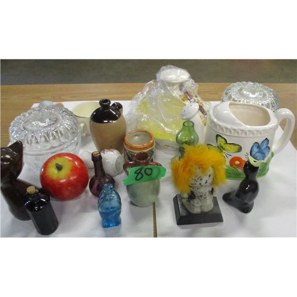 ESTATE:  BOX C/W CANDY DISH, ORNAMENTS, PIE BIRD, ETC