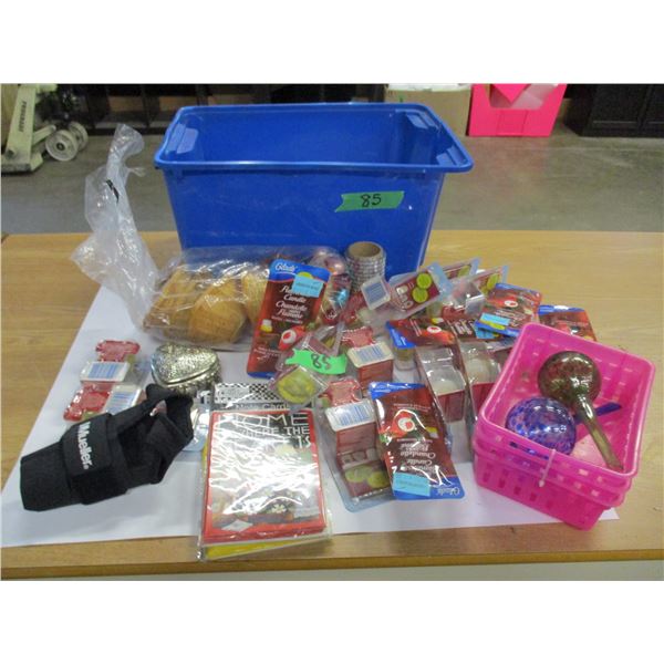 ESTATE:  TOTE C/W CANDLES, WATERING BULBS, TRINKET BOX, ETC