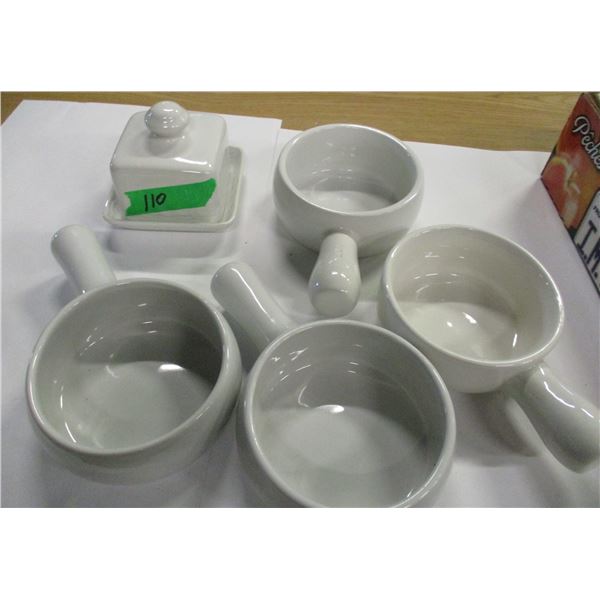 4 WHITE ONION SOUP BOWLS & 1 BUTTER DISH