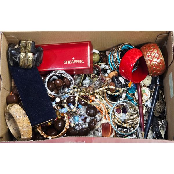 BOX OF JEWELRY PENS AND WATCHES