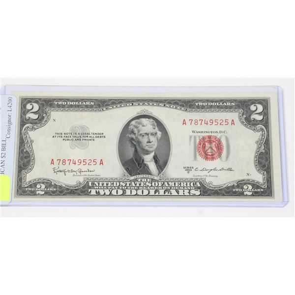 UNCIRCULATED 1953 SERIES C AMERICAN $2 BILL