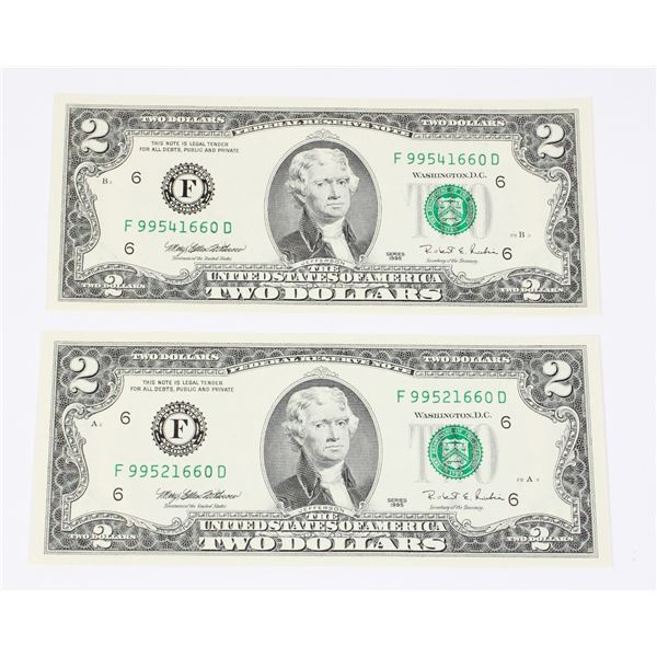 LOT OF 2 UNCIRCULATED 1995 AMERICAN $2 BILLS