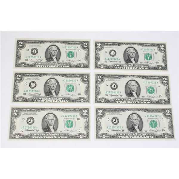 LOT OF 6 UNCIRCULATED 1976 AMERICAN $2 BILLS