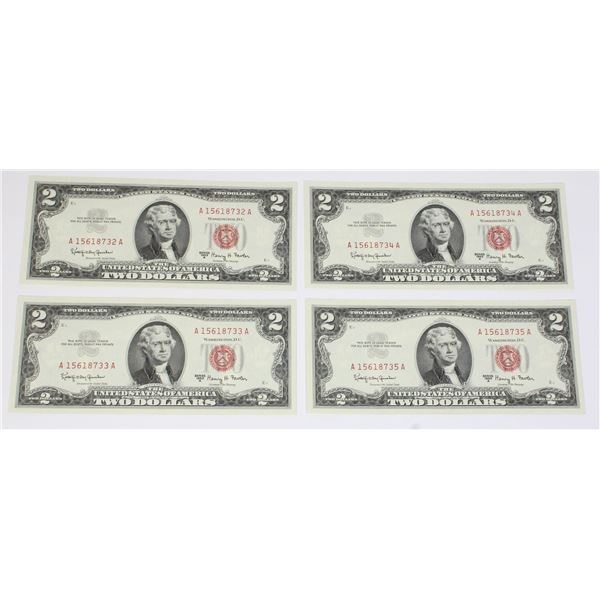 4 SEQENTIAL UNCIRCULATED 1963 SERIES A AMERICAN $2 BILLS