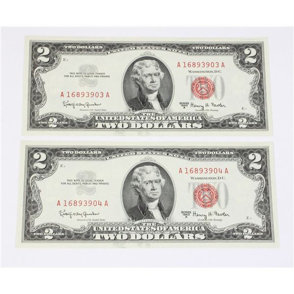 2 UNCIRCULATED SEQUENTIAL 1963 SERIES A AMERICAN $2 BILLS