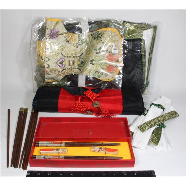 TWO PAIRS OF CHOPSTICKS AND CLOTHING