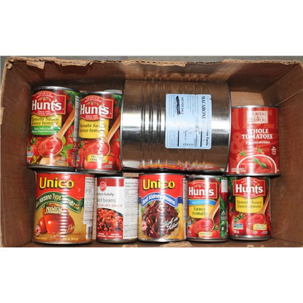 LARGE LOT OF CANNED TOMATOES, MACARONI, BEANS