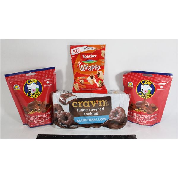 COW CHIPS, FUDGE MARSHMALLOWS, LOACKER HAZELNUT