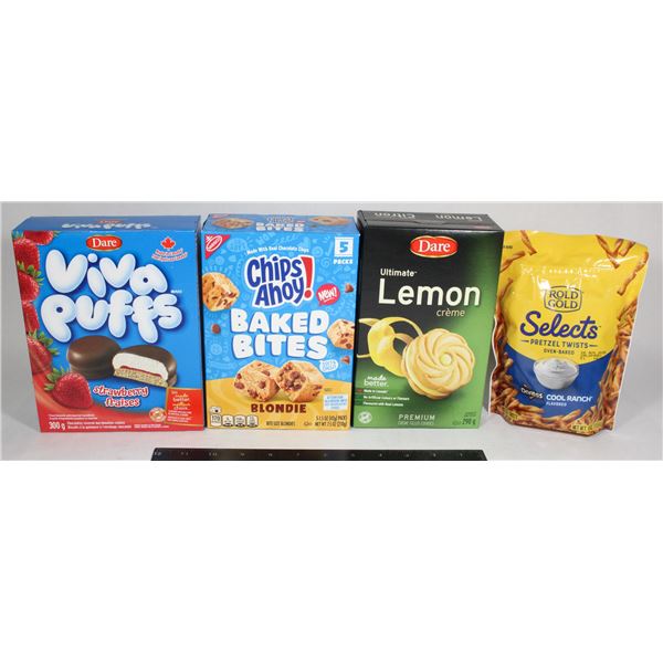 VIVA PUFFS, CHIPS AHOY, LEMON COOKIES, PRETZELS