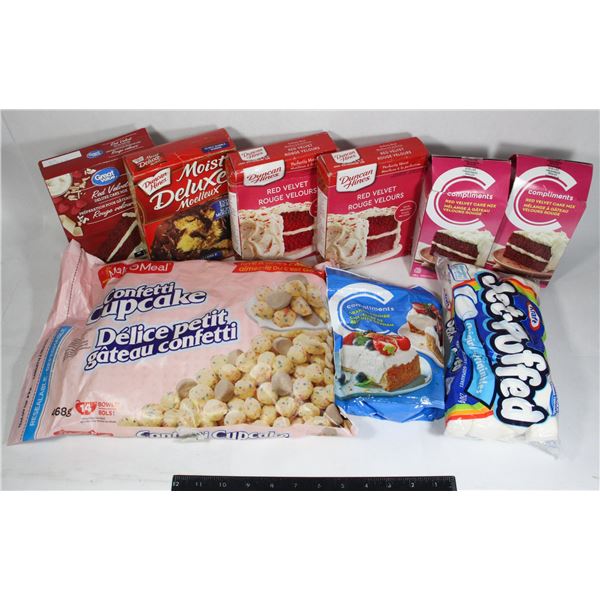 LARGE LOT OF CAKE MIXES, ETC