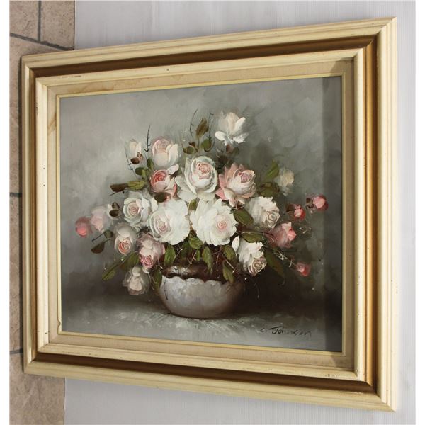 FRAMED OIL PAINTING FEATURING ROSES BY C. JOHNSON