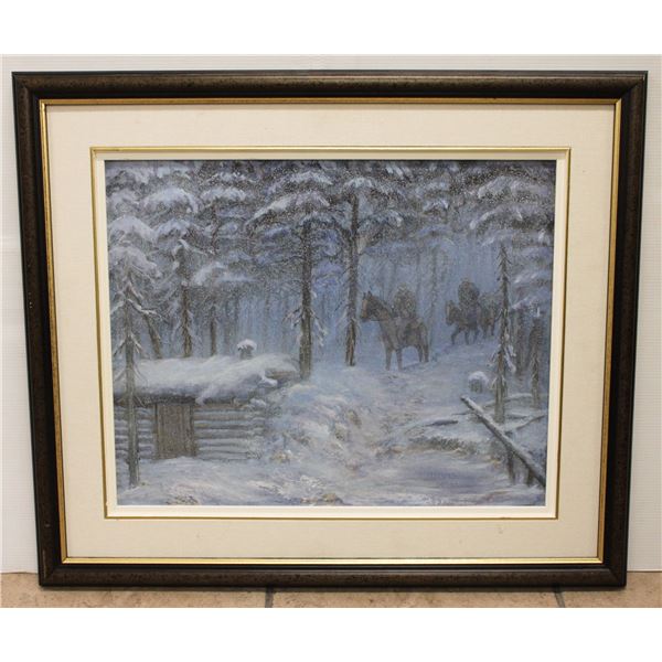 FRAMED PAINTING OF WINTER FOREST WITH COWBOYS SIGN