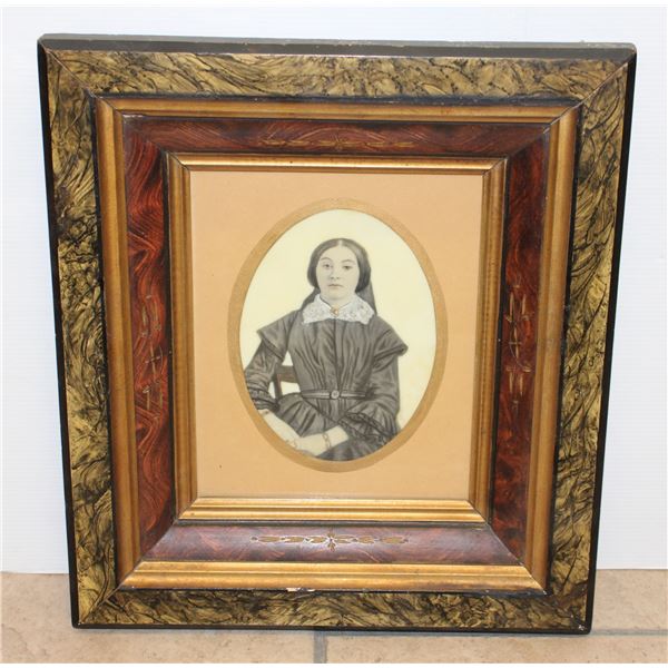 FRAMED PORTRAIT OF WOMAN FROM MID 19TH CENTURY