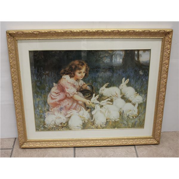 FRAMED AND MATTED REPLICA GIRL WITH BUNNIES ART