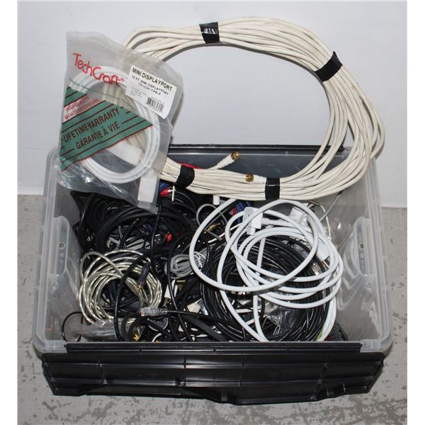 TOTE OF RANDOM CORDS, ETHERNET, CHARGERS, ETC