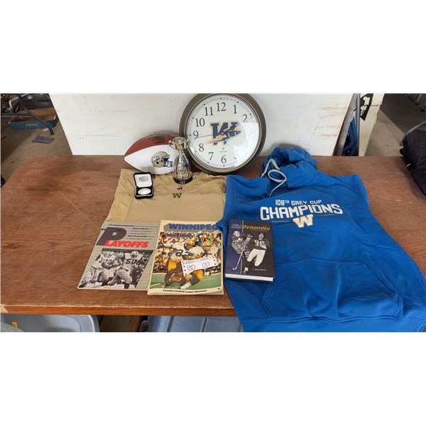 Vintage Winnipeg Blue Bombers Lot: Grey Cup, Program Coin, Clock, XL Hoodie, Youth Jersey