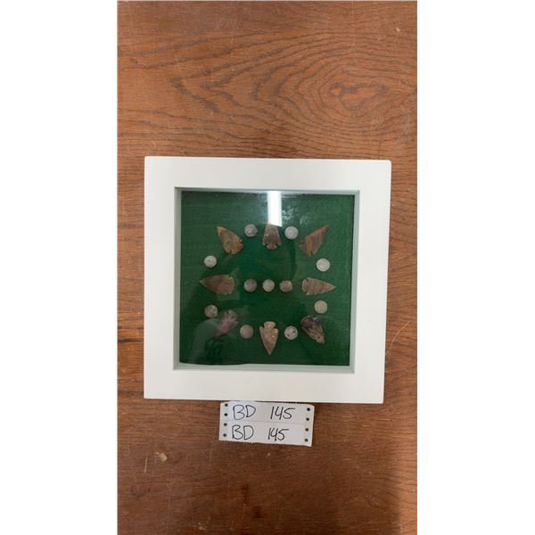 First Nations Real Stone Arrowheads and Lead Musket Balls in Shadow Display Box