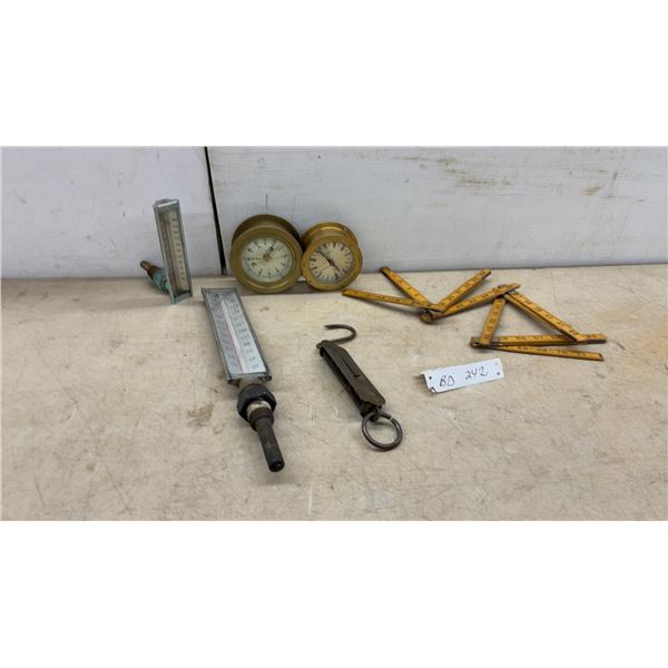 2 Vintage Brass Ship Clocks, 2 Vintage Pressure Gauges, Lufkin No. 366 Folding Rule and Scale
