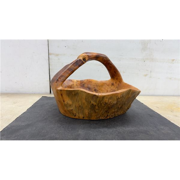 Vintage Hand-Carved Burl Wood Basket With Handle, 14” x 13” x 10” High