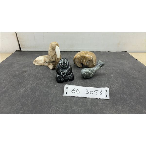Vintage Inuit Soapstone Carving Lot: Unique Walrus, Whale and Otter, as Well as Boma Figure