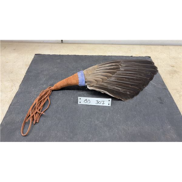 Vintage Feather Smudging Fan with Leather Fringed Handle, 25” Tall