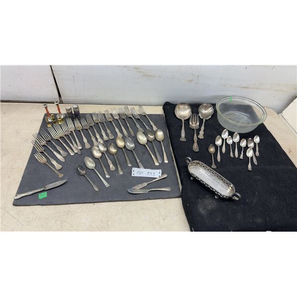 Assorted Silverplate Flatware: Serving Ware, Salt, Pepper Shakers, Candlestick Holders