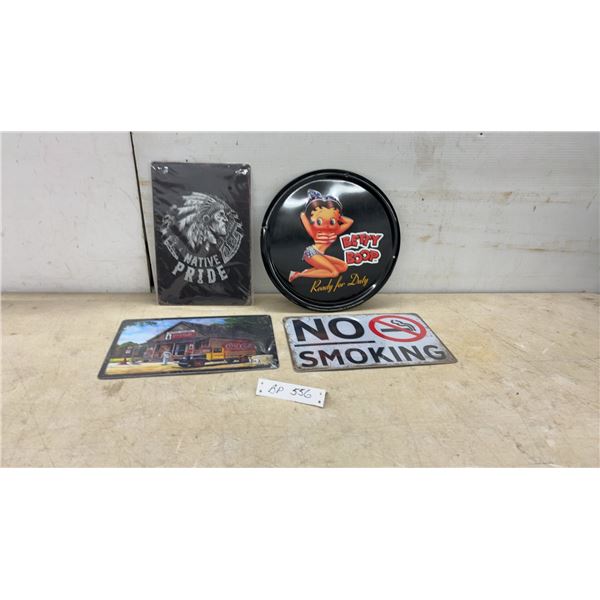 Assorted Metal Signs: Betty Boop "Ready for Duty" Round Sign, "Native Pride" Sign, "No Smoking"