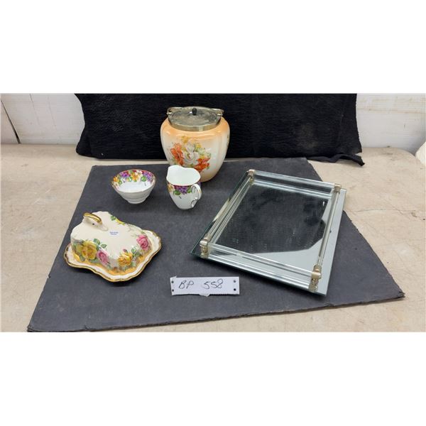 Biscuit Barrel, Cheese Lid Dish, C and S Spring Melory-Paragon, and Vintage Lucite Mirrored Vanity