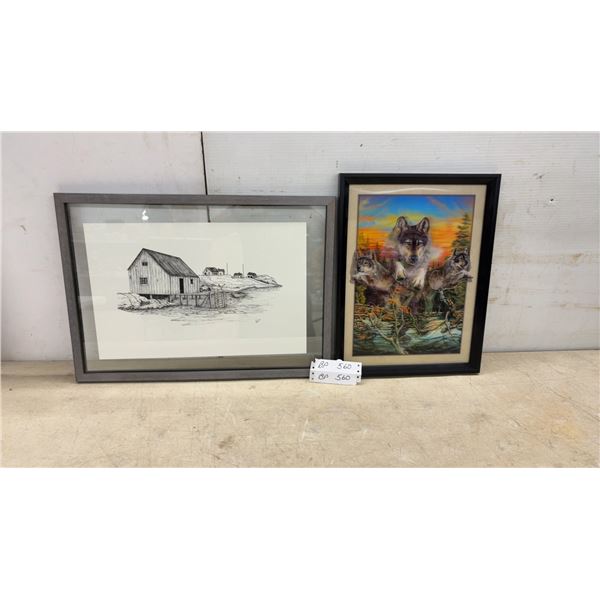 Two Framed Artworks: Pen and Ink Drawing of Coastal Scene and 3D Wolf Pack Picture, Largest