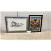Image 1 : Two Framed Artworks: Pen and Ink Drawing of Coastal Scene and 3D Wolf Pack Picture, Largest