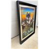 Image 4 : Two Framed Artworks: Pen and Ink Drawing of Coastal Scene and 3D Wolf Pack Picture, Largest