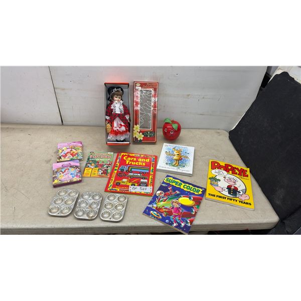 Porcelain Doll, Books: Disney Princess Books, Cars and Trucks, Popeye, Super Color, and 3 Vintage