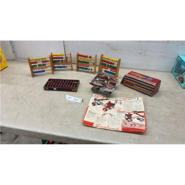5 Vintage Wood Abacus and Vintage Roller Skates with Instructions and Box