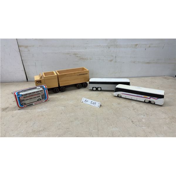 2 Plastic Bus Banks, Wooden Lakehead Truck and Corgi London Silver Jubilee Bus in Box